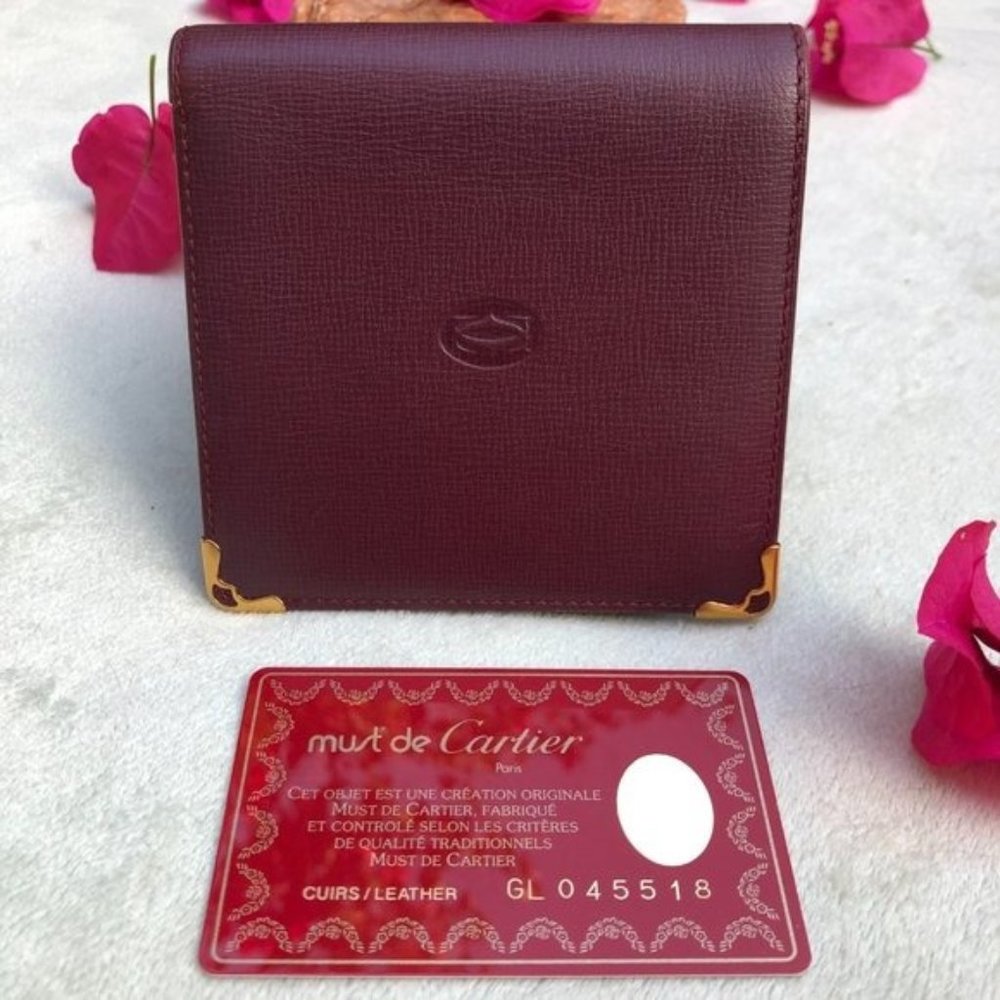 Cartier wallet with Authenticity Card bifold maroon red burgundy leather wallet